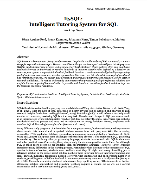 ItsSQL: Intelligent Tutoring System for SQL